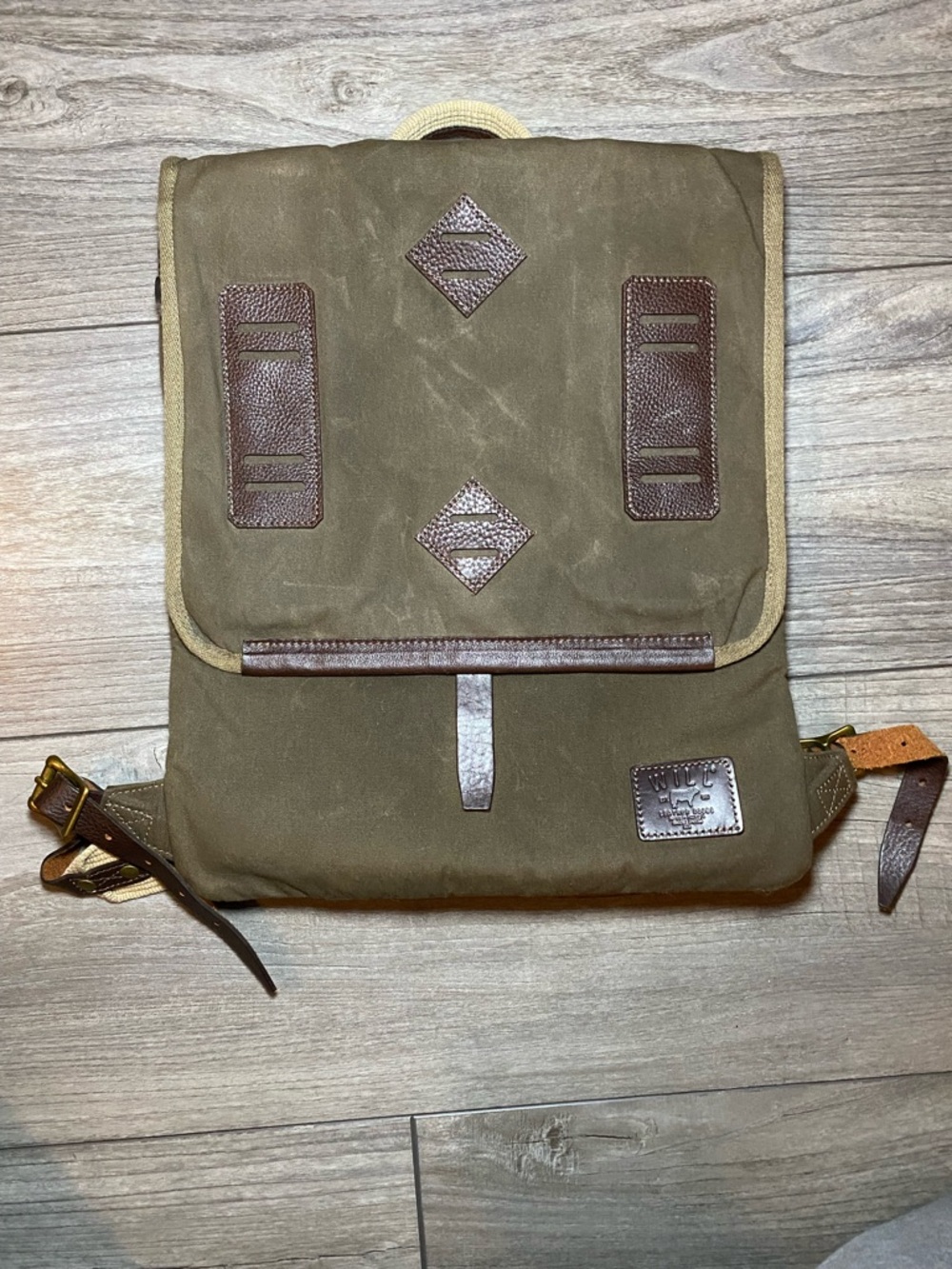 Vintage Will Leather Goods Olive Green Canvas Backpack with Brown Leather Trim